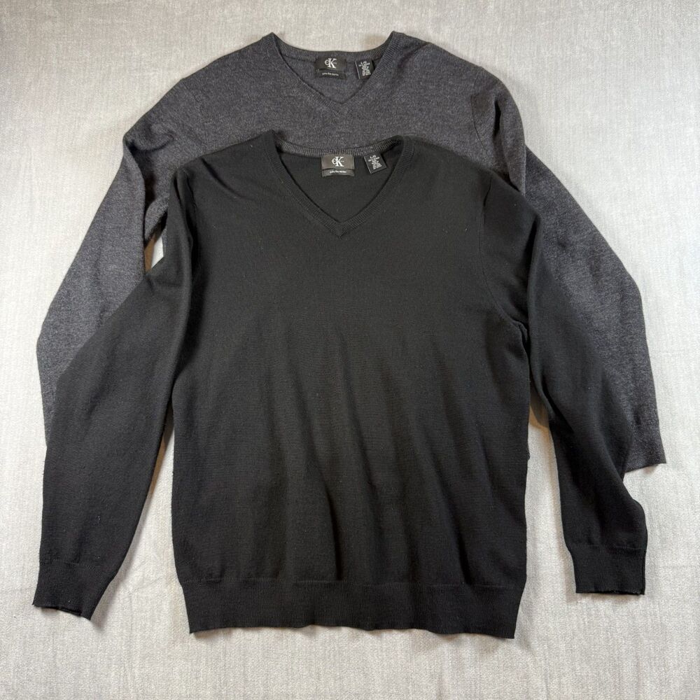 Lot of 2 Calvin Klein Extra Fine Merino Wool V-Neck Sweater Men's L Black & Gray